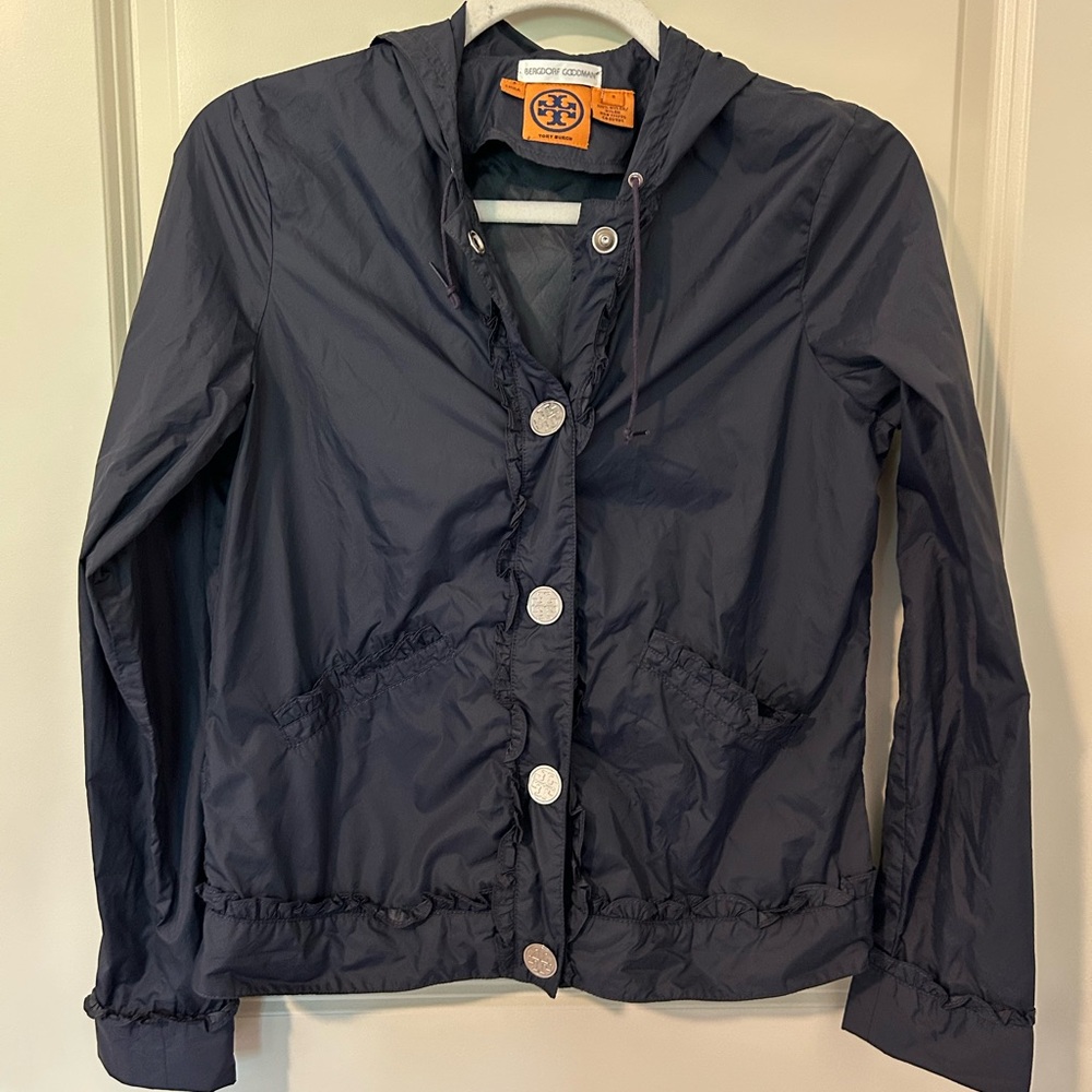 Tory Burch Bergdorf Goodman sz 2 navy blue windbreaker jacket hooded lightweight